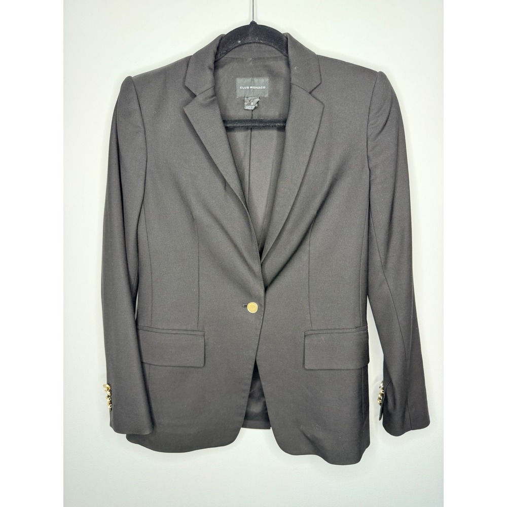 Club‎ Monaco Womens Black Wool Blend Single Button Blazer Gold Hardware Size 0